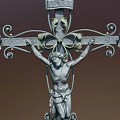 Vintage Metal Decorative Ornament Set With Crucifix Cross Figure And Ornamental Floral Scrollwork