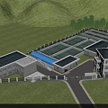 Industrial Plant with Multiple Buildings Flat and Sloped Roofs Green Lawns Trees Entrance and Road