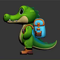 Green Cartoon Crocodile Standing with Colorful Backpack Wearing Orange and Purple Shoes on Gray Background