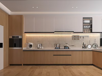 Bright Warm Wood Tone Modern Kitchen With Built In Appliances And Ample Storage Cabinets 3d model