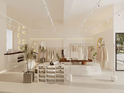 Modern White Clothing Store with Hanging Clothes Display Tables Mirrors Plants and Lighting 3d model