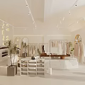 Modern White Clothing Store with Hanging Clothes Display Tables Mirrors Plants and Lighting