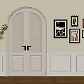 Interior With White Arched Double Doors Decorative Paintings Green Plant And Wooden Floor