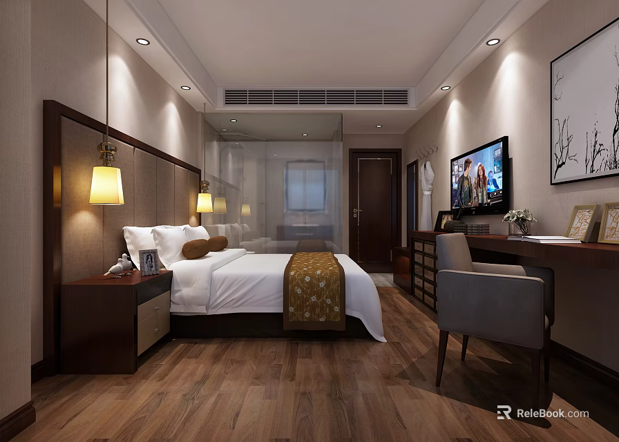 Modern Hotel Room Interior With Large Bed Pendant Lights Flat Screen TV And Writing Desk 3d model 