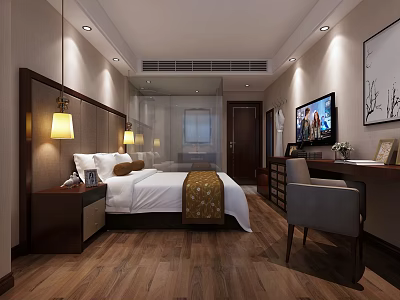 Modern Hotel Room Interior With Large Bed Pendant Lights Flat Screen TV And Writing Desk 3d model