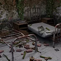 Abandoned Hospital Ward With Dilapidated Benches Bricks Debris On Floor And Vines Covering Walls