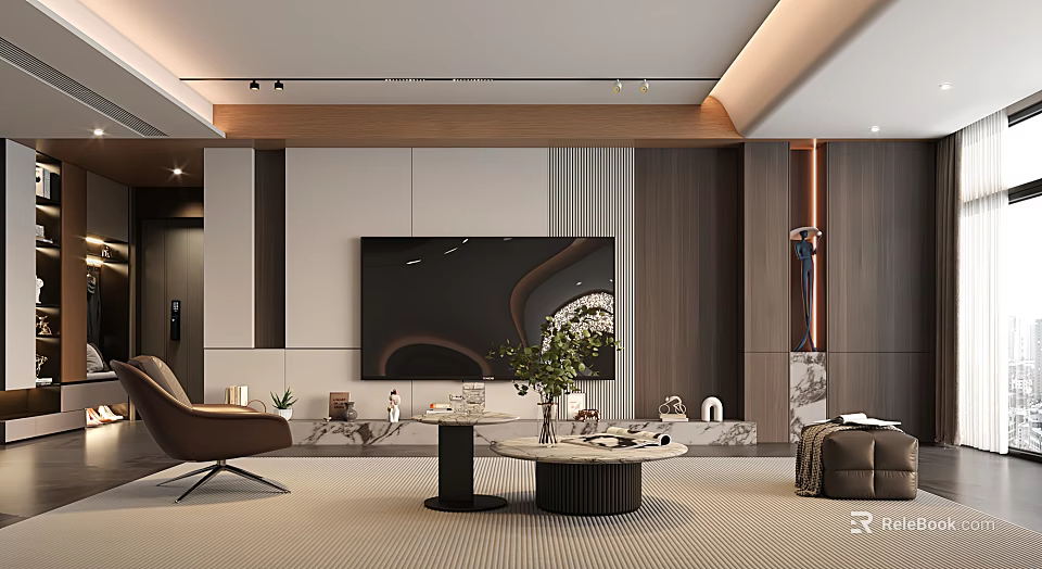Modern Living Room Interior With TV Wall Brown Chair Round Coffee Tables And Green Plant 3d model 