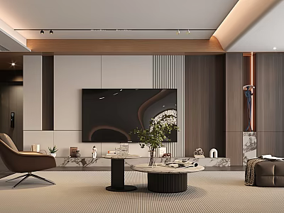 Modern Living Room Interior With TV Wall Brown Chair Round Coffee Tables And Green Plant 3d model