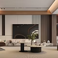 Modern Living Room Interior With TV Wall Brown Chair Round Coffee Tables And Green Plant