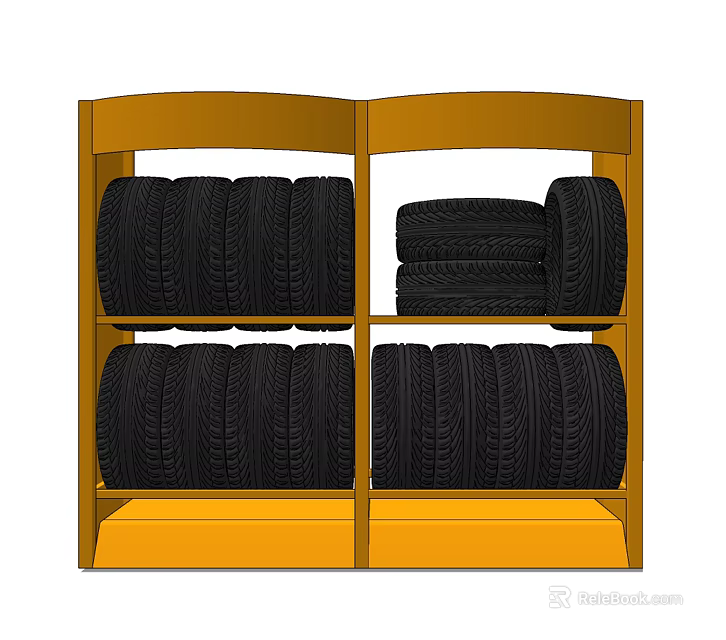 Black Tires Neatly Stored on Yellow Shelves in Storage Unit 3d model 