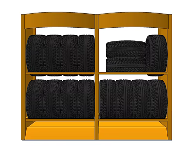 Black Tires Neatly Stored on Yellow Shelves in Storage Unit 3d model