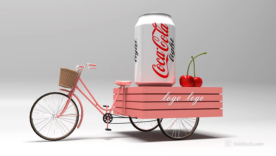 Pink Bicycle With Wooden Trailer Carrying Coca-Cola Can And Cherries 3d model 