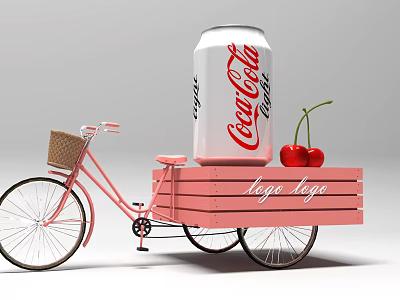 Pink Bicycle With Wooden Trailer Carrying Coca-Cola Can And Cherries 3d model