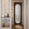 Elegant Modern Bathroom Interior With Arched Frosted Glass Door Wooden Frame Lighting Strips And Decorative Shelf