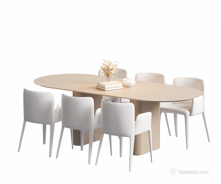 Light Colored Oval Dining Table And Six White Chairs Set With Vase Flowers And Books 3d model 