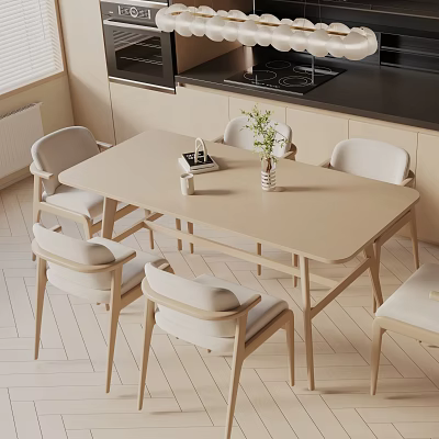 Modern Dining Table Set With Light Colored Wooden Chairs And Vase Flowers In Natural Light Kitchen 3d model