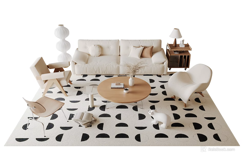 Modern Sofa And Coffee Table Set With Geometric Rug Accent Chairs Side Table And Lamp 3d model