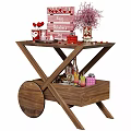 Romantic Valentine's Day Wooden Cart Decor With Pink Bouquet And Candies Desserts Drink Glasses