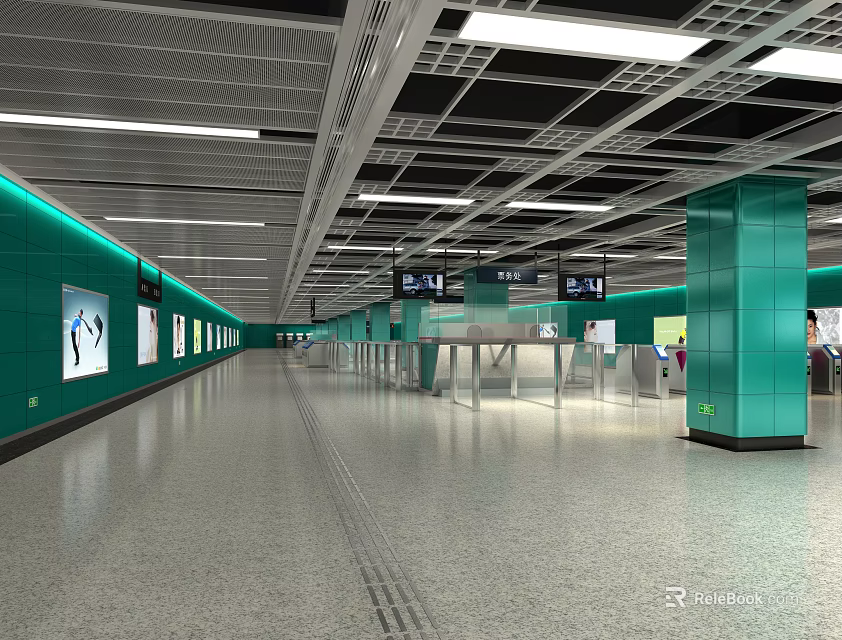 Spacious Modern Subway Station With Green Walls Automatic Turnstiles And Ceiling Lights 3d model 