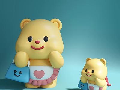 Cute Yellow Bear Dolls Big and Small Holding Blue Smiley Bags with Pink Heart Aprons 3d model