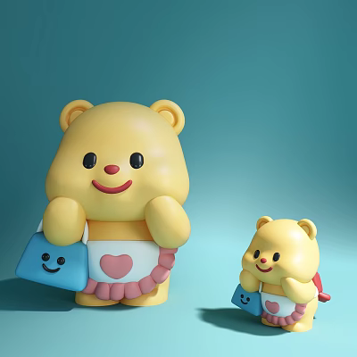 Cute Yellow Bear Dolls Big and Small Holding Blue Smiley Bags with Pink Heart Aprons 3d model