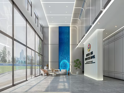 Spacious Modern Service Hall Interior With Large Glass Windows City View And Reception Area 3d model