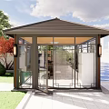 Modern Garden Pavilion With Glass Walls Metal Frame And Lawn Area Outdoor