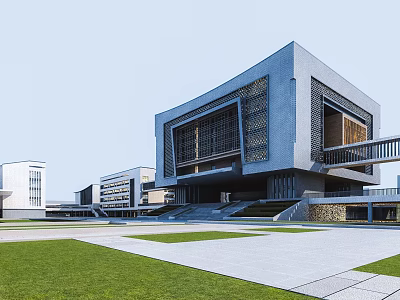 Modern Public Building Swing Door Design With Gray Exterior And Glass Facade 3d model