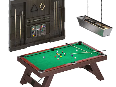 Professional Billiard Sports Equipment Including Green Felt Table Pool Balls Cues And Storage Cabinet 3d model