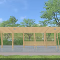 Wooden Outdoor Pergola With Slatted Roof Bench Seats And Green Trees