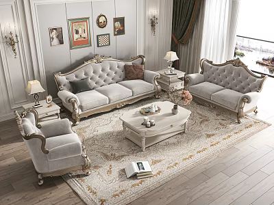 Elegant Classic Sofa And Coffee Table Set With Decorative Pillows Table Lamps And Area Rug 3d model