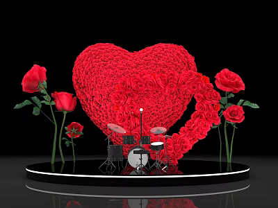 Heart Shaped Rose Art Installation With Red Roses Around Black Platform And Drums 3d model