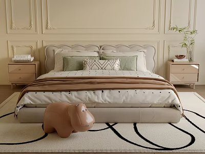 Double Bed With Green Pillows Brown Blanket Hippo Toy Nightstands And Black White Rug 3d model