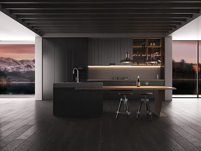 Modern Kitchen Interior With Dark Ceiling Black Cabinets Wooden Island Stools And Mountain Sunset View 3d model