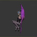Anime Character With Blue Hair Winged Decorations Black Bodysuit On Purple Background Wielding Weapon