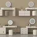 Various Light Colored Dressing Tables With Round Mirrors Drawers Stools And Small Plants 3d model