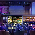 Stylish Bar Lounge With Neon Lighting Stage Performer Geometric Flower Decor And Candlelit Tables