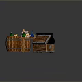 Wooden Table On Stone Floor With Cauldron Barrels Chest Bottles Jars And Tools