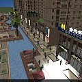 Lively Commercial Street Night Scene Featuring Waterway Shops Modern Buildings And Seating Areas