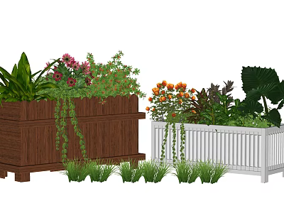 Wooden And White Picket Flower Planters With Colorful Flowers Green Plants And Grass 3d model