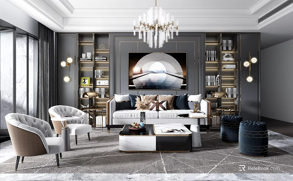 Elegant Modern Living Room Interior Design With Chandelier Bookshelves And Sofa 3d model 