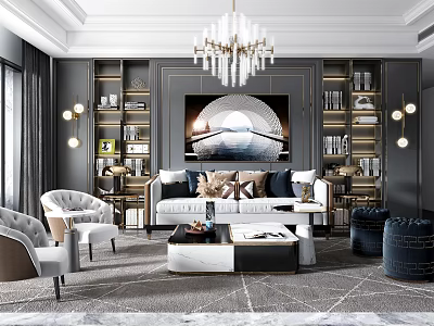 Elegant Modern Living Room Interior Design With Chandelier Bookshelves And Sofa 3d model