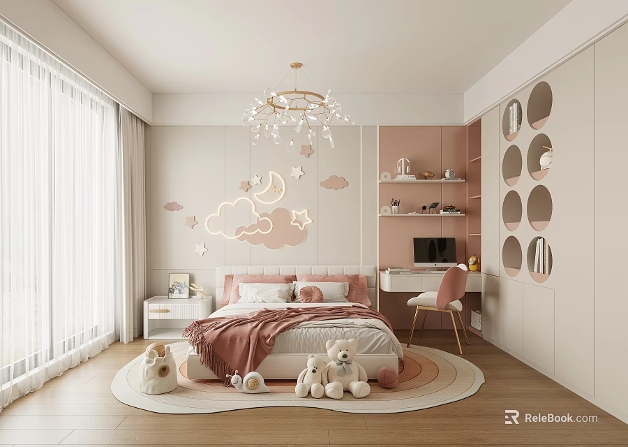 Cozy Kids Bedroom With Pastel Pink Decor Cloud Wall Art And Stuffed Toys 3d model 