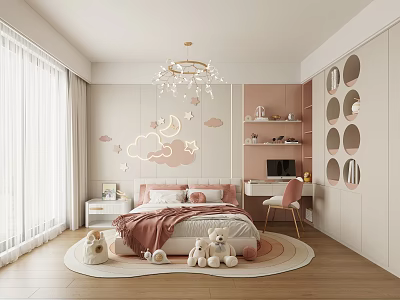 Cozy Kids Bedroom With Pastel Pink Decor Cloud Wall Art And Stuffed Toys 3d model