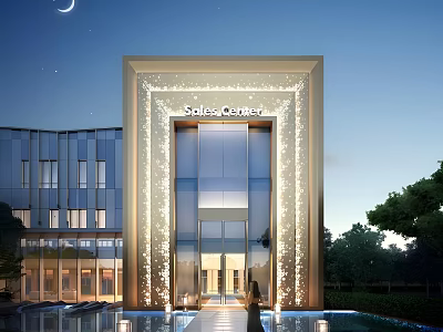 Modern Sales Center Building With Night Lighting Glass Facade And Water Pool Entrance 3d model