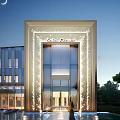 Modern Sales Center Building With Night Lighting Glass Facade And Water Pool Entrance 3d model