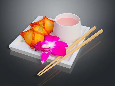 Delicious Fried Wontons Served With Pink Beverage And Orchid On White Plate With Chopsticks 3d model