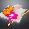Delicious Fried Wontons Served With Pink Beverage And Orchid On White Plate With Chopsticks
