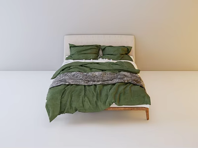 Minimalist Double Bed With Light Green Quilt Gray Blanket Pillows And Wooden Frame 3d model