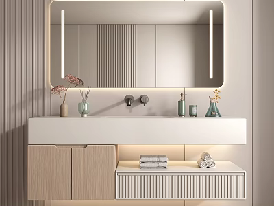 Modern Bathroom Vanity With LED Mirror White Countertop Wooden Cabinet And Decorative Toiletries 3d model
